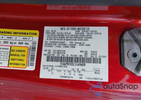 2020 Ford Mustang Ecoboost Fastback z USA, uszkodzony, nr VIN 1FA6P8TH3L5169609